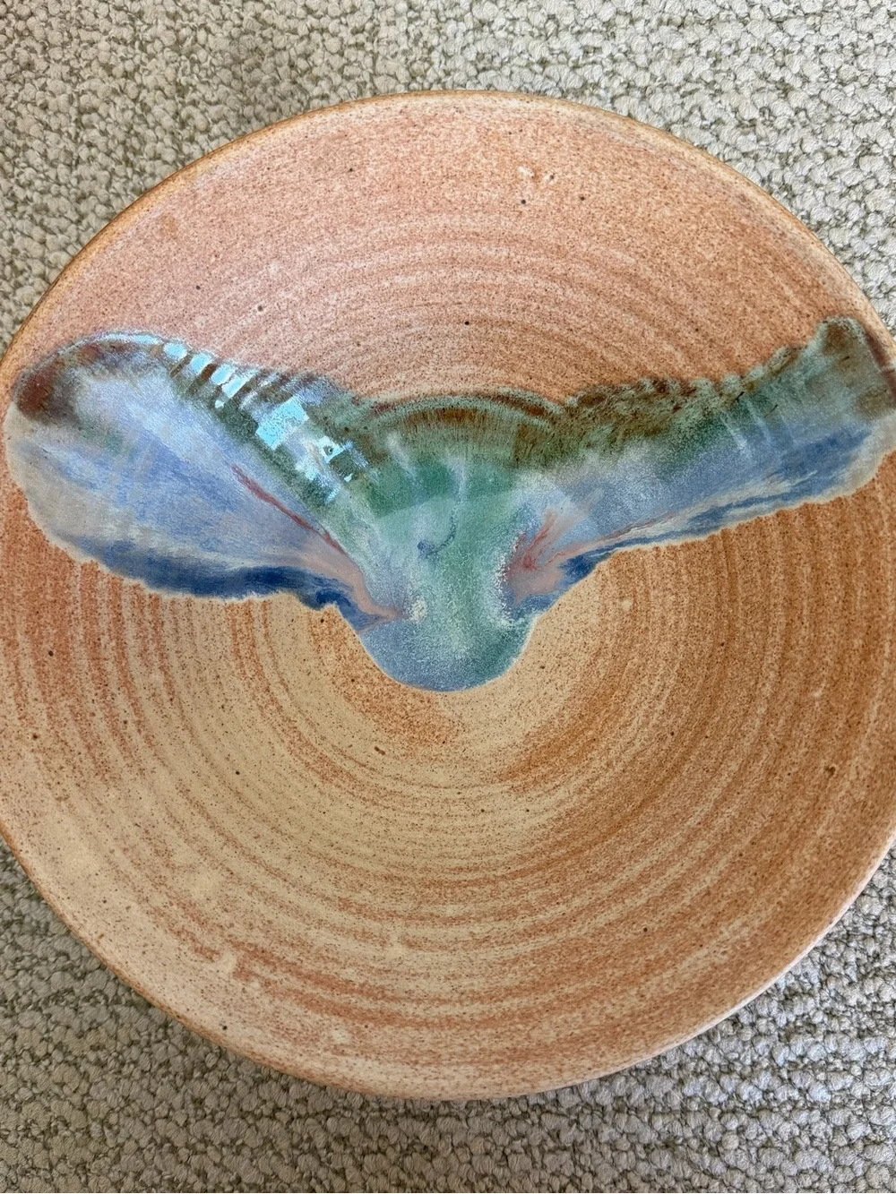 Signed Pottery Studio 10.5” diameter Bowl textured & abstract colored glazes NEW